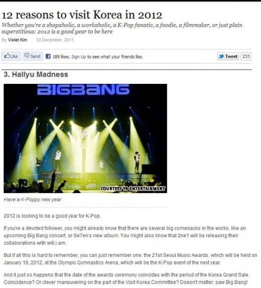 Big Bang являются третьей из 12 основных причин посетить Корею в 2012 году