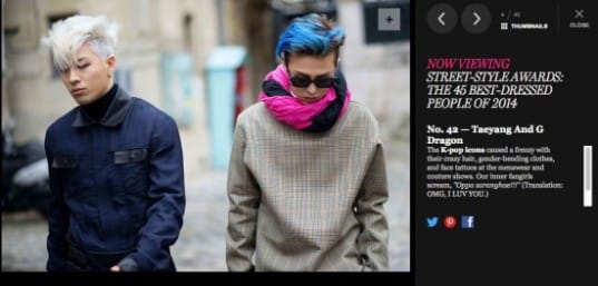 "New York Magazine" назвал G-Dragon и Тэяна одними из самых стильно одетых людей 2014