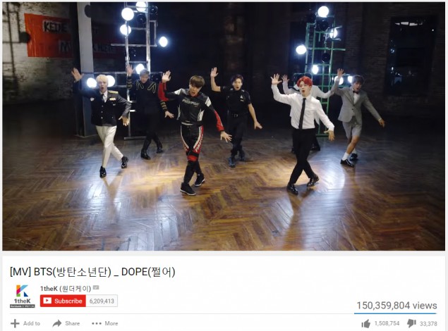 Клип BTS "Dope" достиг 150 млн просмотров