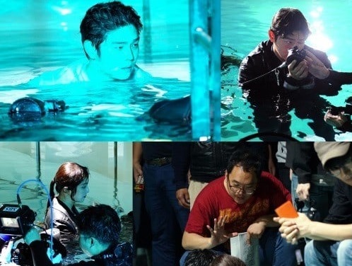 Юн Кён Сан и Чон Хё Сон на съёмках сцены под водой на закадровых фото из дорамы "Сомнительная победа"