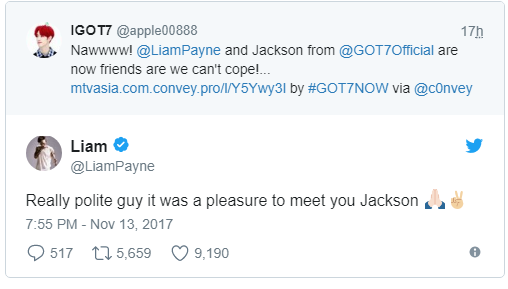 Лиам Пейн поделился своими впечатлениями о Джексоне из GOT7 в Twitter