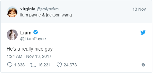 Лиам Пейн поделился своими впечатлениями о Джексоне из GOT7 в Twitter