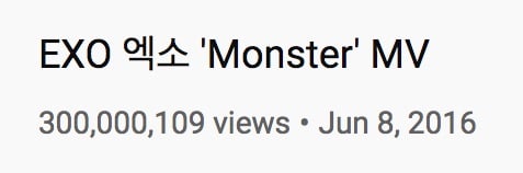 "Monster" становится первым клипом EXO, который преодолевает отметку в 300 миллионов просмотров