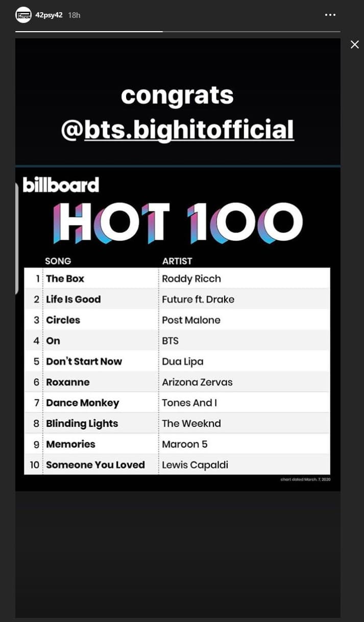 PSY поздравил BTS с их достижением в чарте Billboard Hot 100