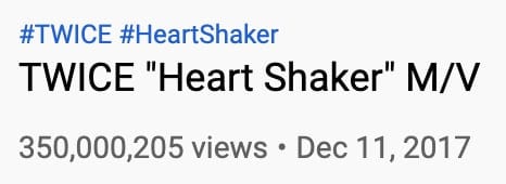 Клип TWICE «Heart Shaker» набрал 350 миллионов просмотров, это 7 клип группы с таким результатом