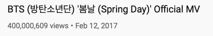 Клип на песню «Spring Day» стал 12-м клипом BTS, который набрал 400 миллионов просмотров