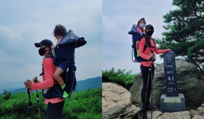 Ли Си Ён поднялась в гору с 3-летним сыном на спине