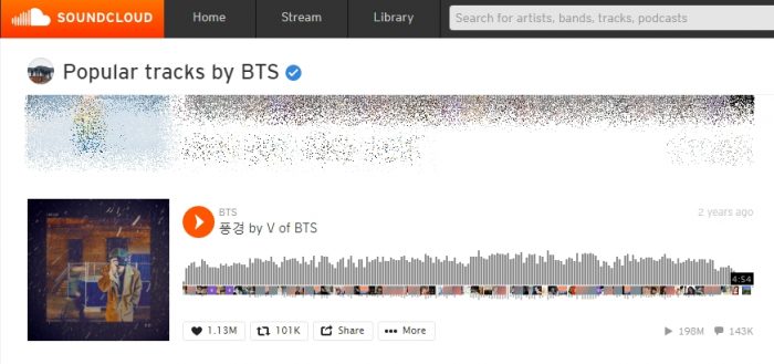 Песня Ви (BTS) "Scenery" набрала 198 млн прослушиваний на SoundCloud