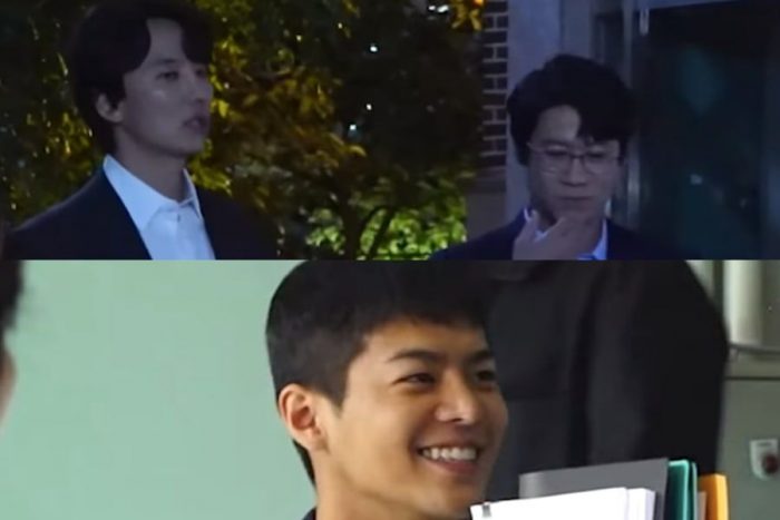 Ким Нам Гиль, Джин Сон Гю и Рё Ун шутят во время съемок «Сквозь темноту»