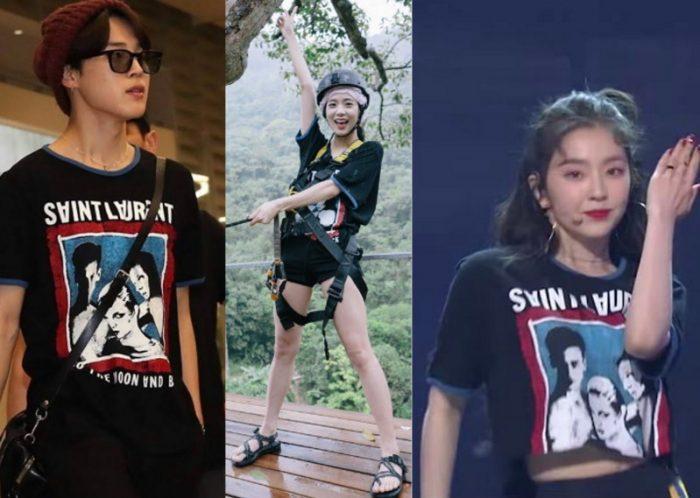 Когда один и тот же элемент одежды обыгрывался собственным стилем: Чимин из BTS, Джису из BLACKPINK и Айрин из Red Velvet в футболке Saint Laurent