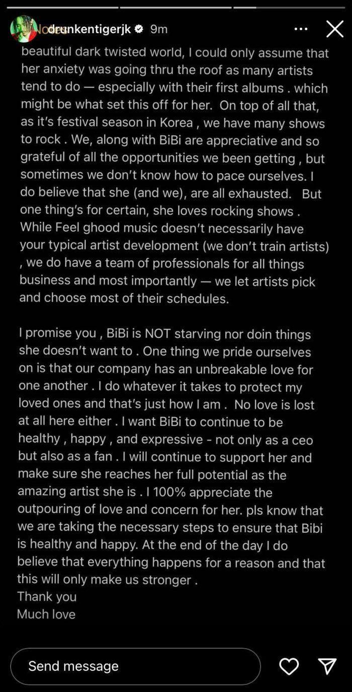 Tiger JK опубликовал заявление от имени Feel Ghood Music относительно недавней прямой трансляции BIBI в Instagram