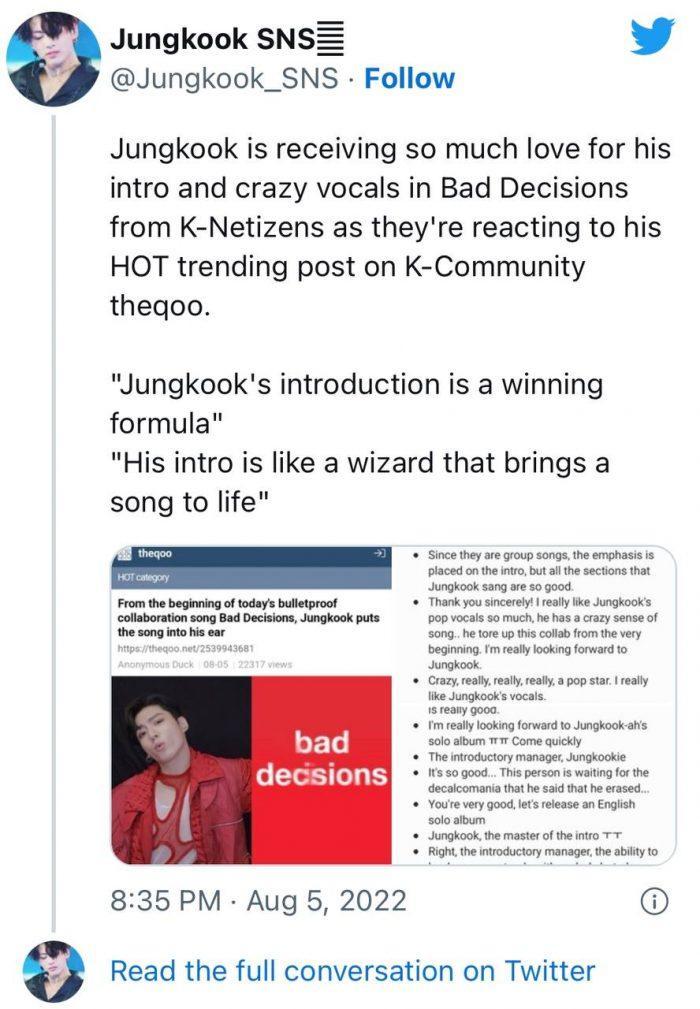 Чонгук заслужил похвалу за свой лучший вокал в совместной песне BTS "Bad Decisions"