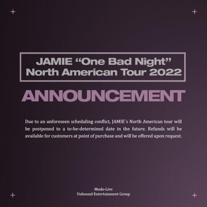 Джейми переносит свой североамериканский тур за пару дней до первого концерта 
