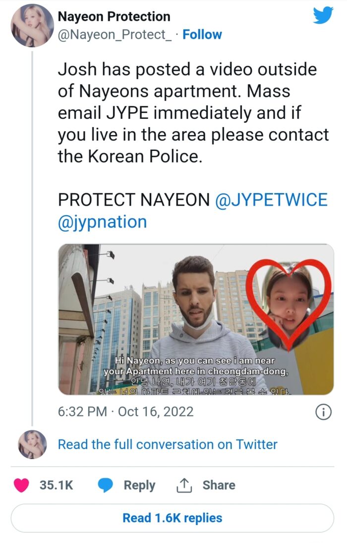 Фанаты призывают JYP “Защитить Наён” из TWICE от сталкера, гуляющего рядом с её предполагаемым домом