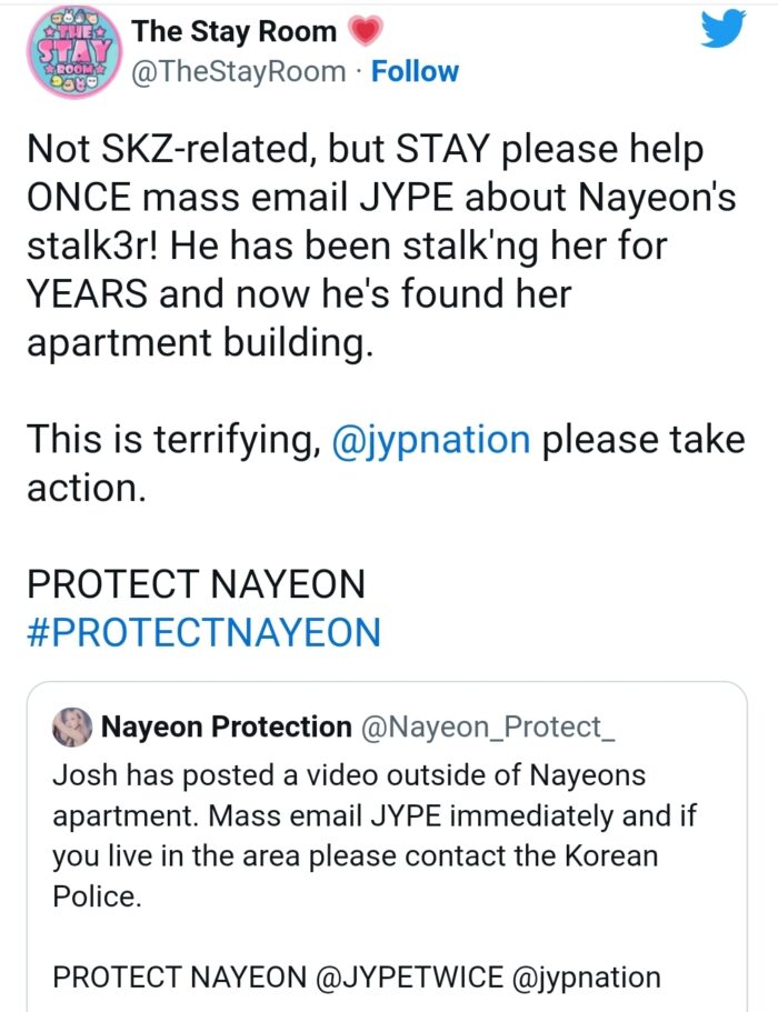 Фанаты призывают JYP “Защитить Наён” из TWICE от сталкера, гуляющего рядом с её предполагаемым домом