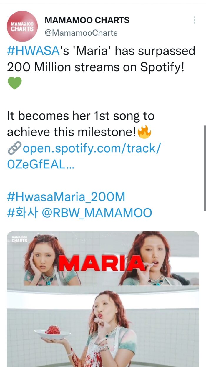 "Maria" Хвасы стала первой песней певицы, достигшей 200 миллионов стримов на Spotify