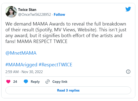 Организаторов MAMA Awards 2022 просят объяснить, почему TWICE не попали в ТОП-10 по выбору мировых фанатов
