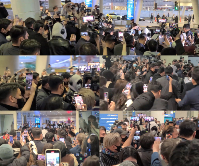 Обезумевшая толпа фанатов и репортеров встречала Ви из BTS в аэропорту 