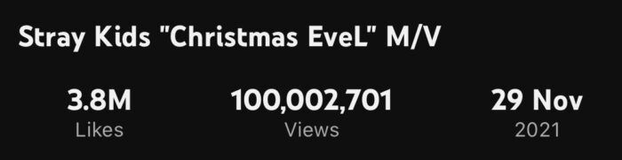 «Christmas EveL» стал восьмым клипом Stray Kids, достигшим 100 миллионов просмотров 
