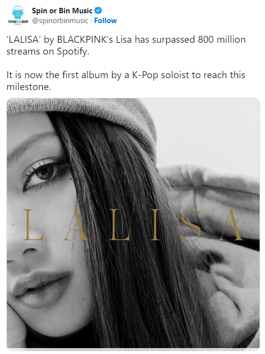 Лиса из BLACKPINK становится первым и единственным азиатским артистом и самой быстрой исполнительницей, достигшей отметки в 800 млн прослушиваний на Spotify!