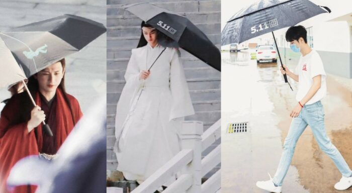 Знаменитые китайские актёры пользуются на съёмках зонтами одного бренда