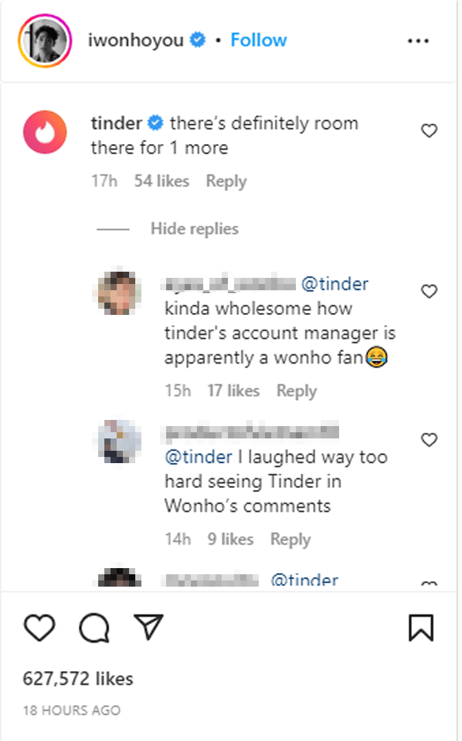 Официальный аккаунт Tinder прокомментировал новые фото Вонхо в соцсети