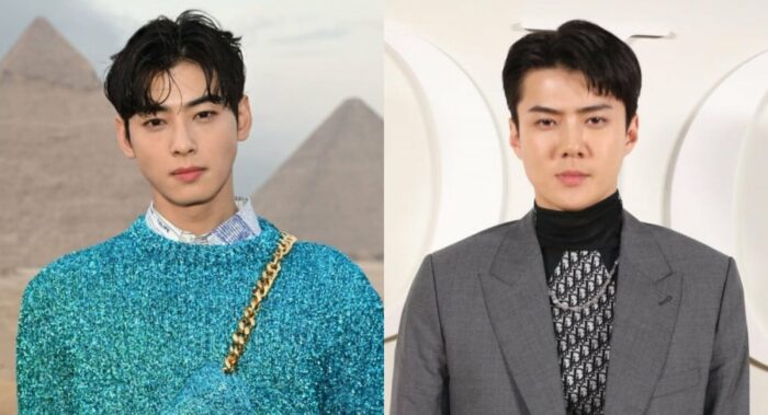 Ча Ыну из ASTRO и Сехун из EXO на показе Осенней мужской коллекции Dior 2023 в Каире