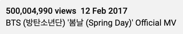 «Spring Day» стал 15-м клипом BTS, набравшим 500 миллионов просмотров 