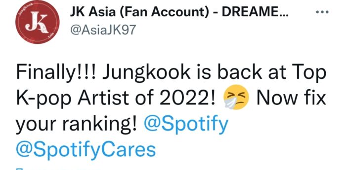 Spotify Wrapped признает ошибку при составлении "Топа K-Pop Артистов 2022" и добавляет Чонгука из BTS в Топ-10