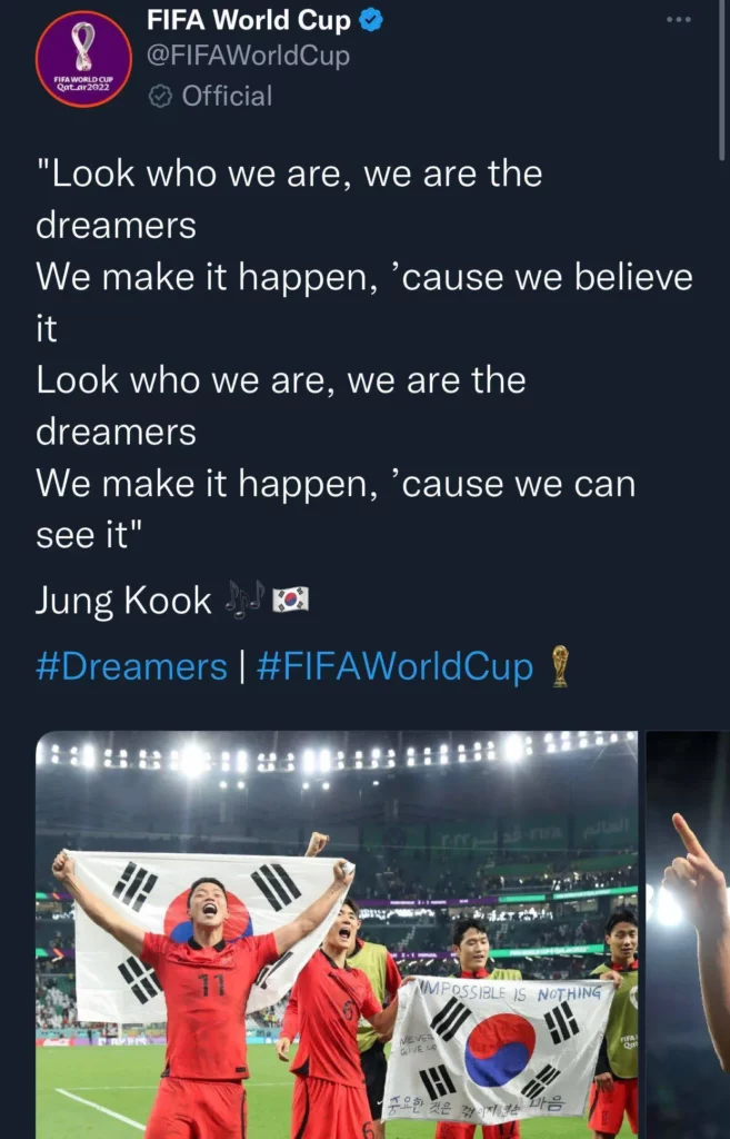 Песня Чонгука из BTS “Dreamers” поднялась в чартах после победы Кореи над Португалией на Чемпионате мира по футболу