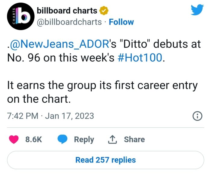 NewJeans попали в чарт Billboard “Hot 100” с песней “Ditto”