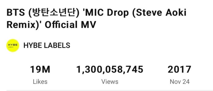 Клип BTS на трек «MIC Drop» достиг 1,3 миллиардов просмотров