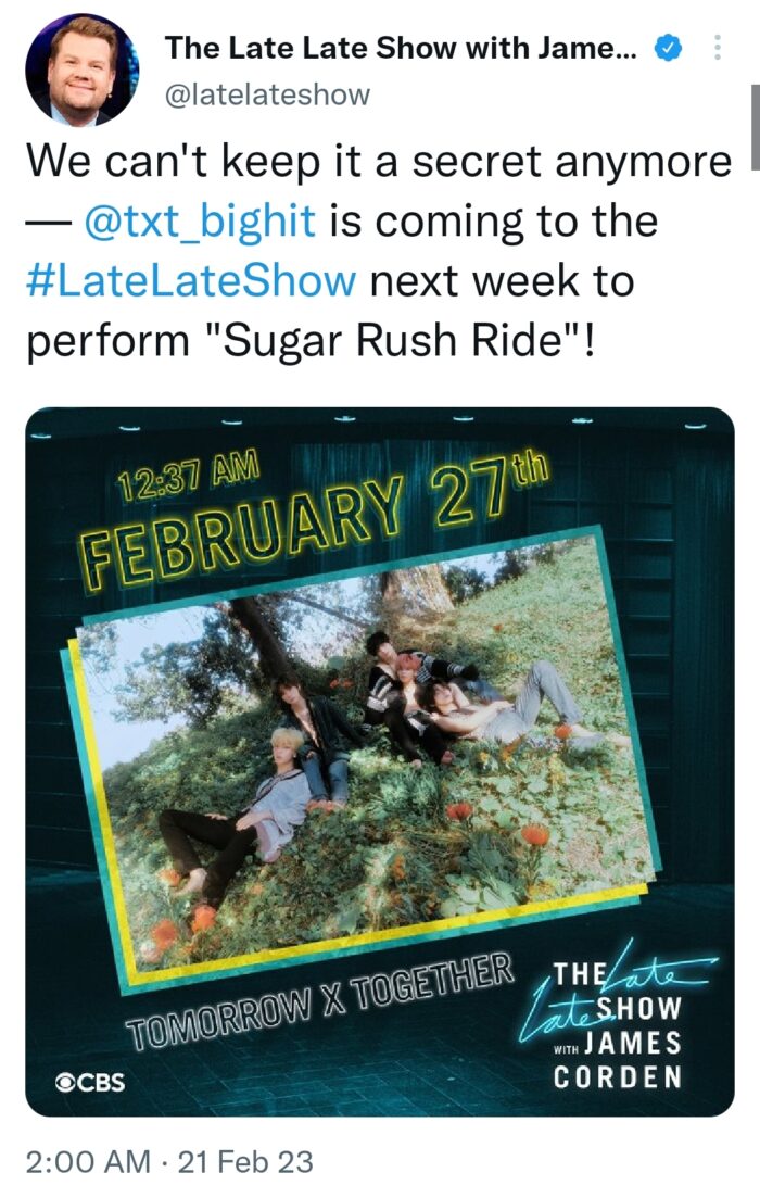 TXT выступят с "Sugar Rush Ride" на американском шоу "The Late Late Show With James Corden"