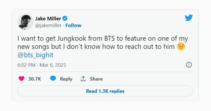 Певец Джейк Миллер заявил, что хочет посотрудничать с Чонгуком из BTS 