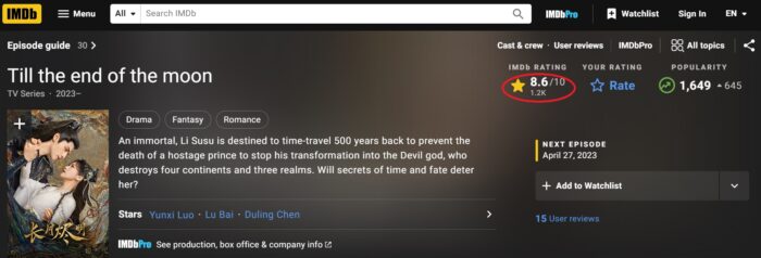 У дорамы "Светлый пепел луны" высокий рейтинг по версии IMDb