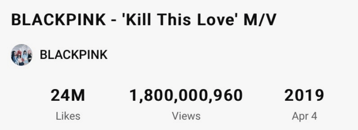 BLACKPINK снова вошли в историю YouTube: клип «Kill This Love» набрал 1,8 миллиарда просмотров