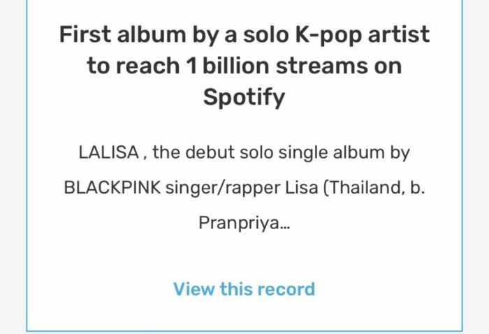Лиса из BLACKPINK установила еще 2 мировых рекорда с альбомом "LALISA"