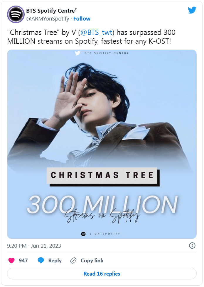 Песня Ви из BTS «Christmas Tree» стала самым быстрым корейским саундтреком, превысившим 300 миллионов стримов на Spotify