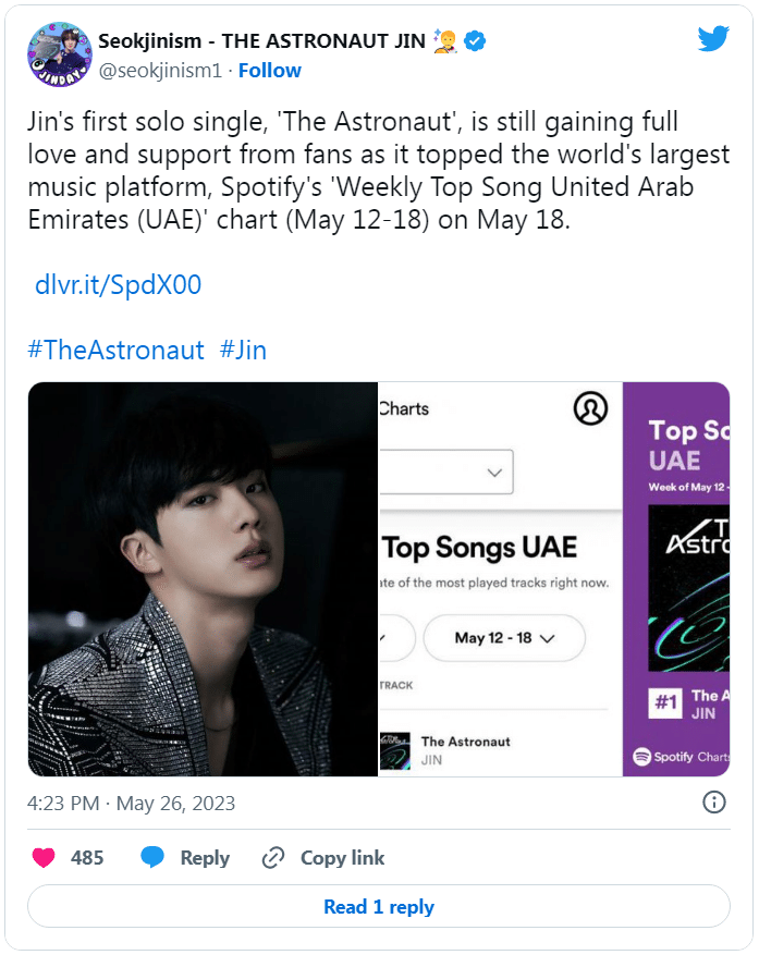 Песня Джина из BTS «The Astronaut» заняла первое место в Spotify Top Songs ОАЭ