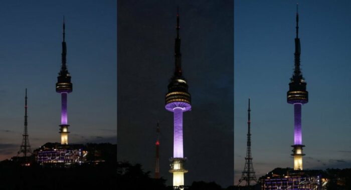 Башня Намсан окрасилась в фиолетовый цвет в рамках празднования 10-й годовщины BTS "2023 FESTA"