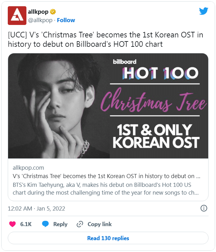 Песня Ви из BTS «Christmas Tree» стала самым быстрым корейским саундтреком, превысившим 300 миллионов стримов на Spotify