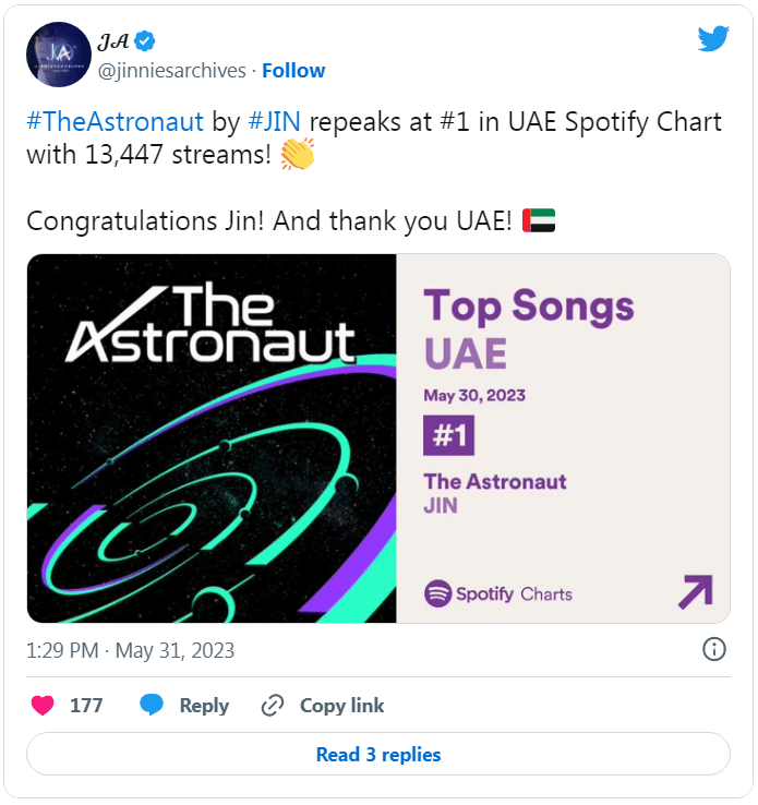 Песня Джина из BTS «The Astronaut» заняла первое место в Spotify Top Songs ОАЭ