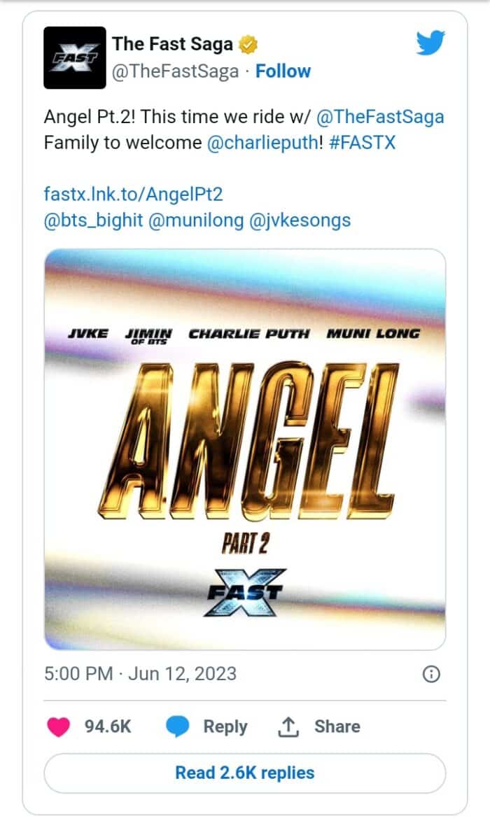 Чимин из BTS выпустит 2-ой саундтрек к фильму «Форсаж» «Angel Pt. 2» с Чарли Путом, JVKE и Муни Лонг