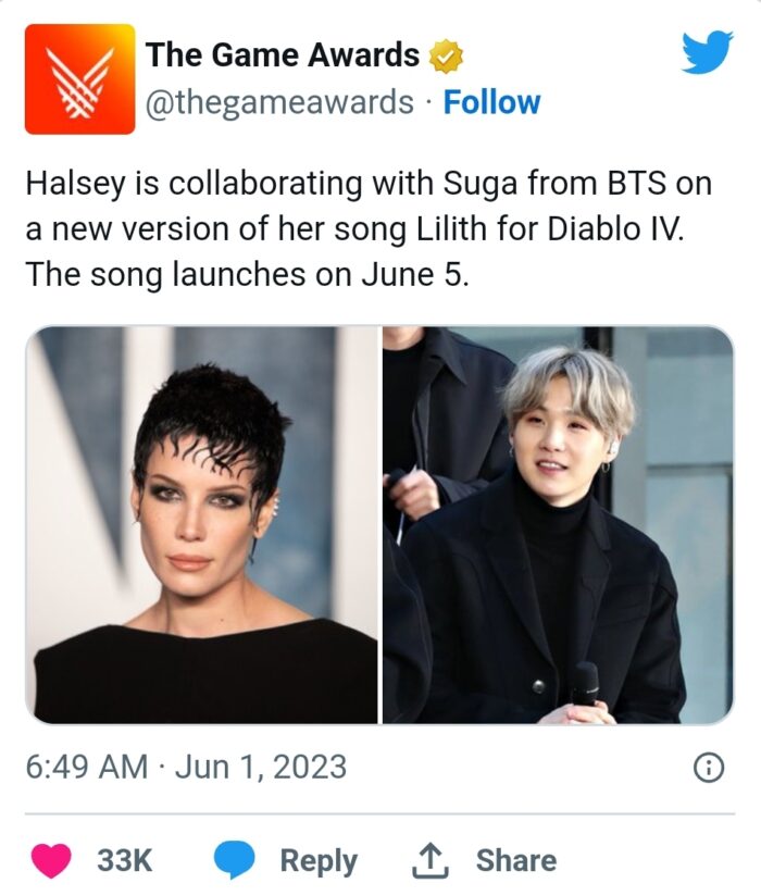 Шуга из BTS и Halsey выпустят совместный трек для игры 'Diablo IV' 