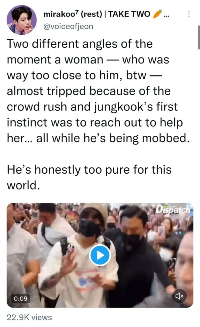 Чонгук из BTS привлек внимание своим поведением в ответ на опасную толпу в аэропорту