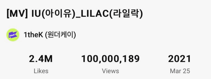 «LILAC» стал восьмым клипом АйЮ, набравшим 100 миллионов просмотров