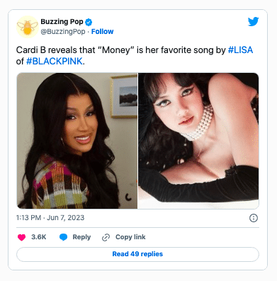 Cardi B признается, что она обожает песню “MONEY” Лисы из BLACKPINK