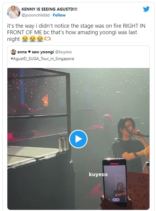 Шуга из BTS подтвердил свой профессионализм, столкнувшись с огнём на концерте в Сингапуре