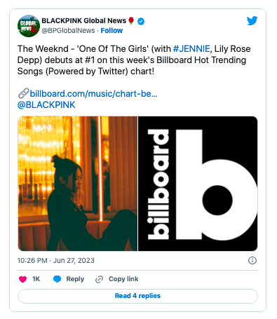 Дженни из BLACKPINK впервые попадает в чарт Billboard Hot Trending Songs в качестве сольной исполнительницы