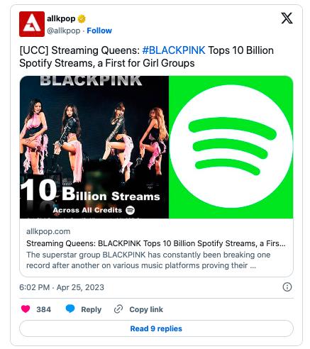 BLACKPINK - первая женская группа, которая преодолела 2 миллиарда прослушиваний на Spotify в 2023 году